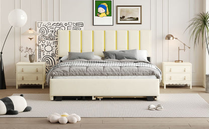 Upholstered Platform Bed With 2 Drawers And 1 Trundle, Classic Strip Headboard Design - The Sleep Loft - Online Mattress Showroom NYC