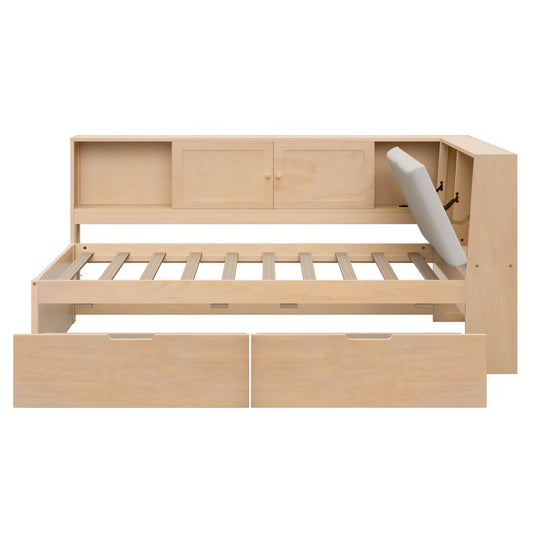 Twin L - Shaped Daybed With Storage Bookcase, Upholstered Headboard, USB Charging Ports & Hidden Drawers - Natural - The Sleep Loft - Online Mattress Showroom NYC