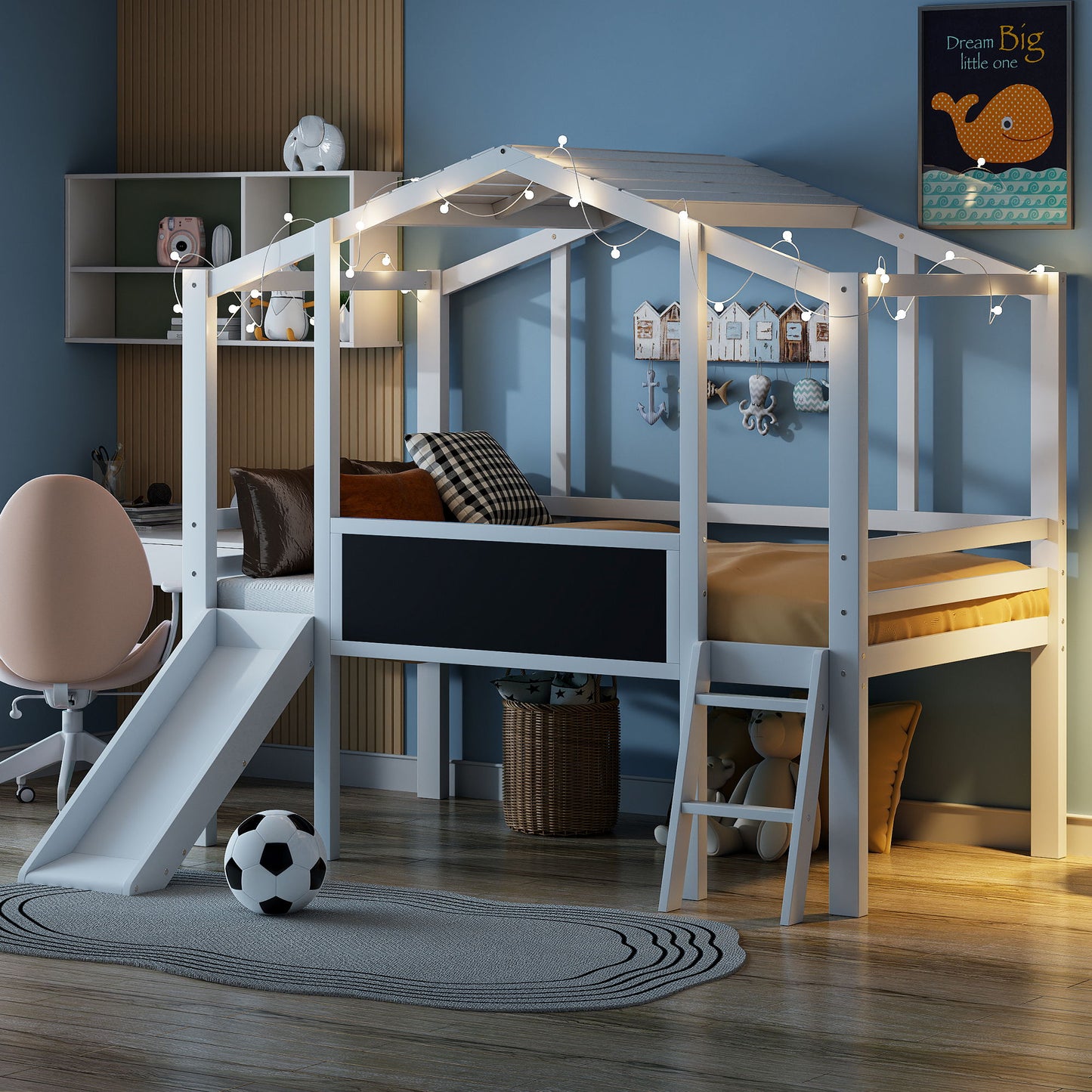 Loft House Bed With Ladder And Slide, With board And Light Strip On The Roof - The Sleep Loft - Online Mattress Showroom NYC