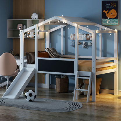 Loft House Bed With Ladder And Slide, With board And Light Strip On The Roof - The Sleep Loft - Online Mattress Showroom NYC