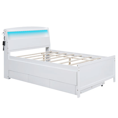Full Size Platform Bed With Storage LED Headboard, Twin Trundle And 3 Drawers - White - The Sleep Loft - Online Mattress Showroom NYC
