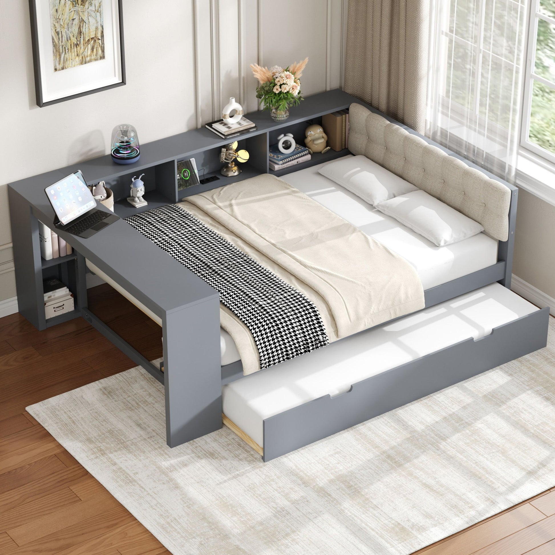 Upholstered Headboard Platform Bed With Storage Shelves, Trundle, Charging Station - The Sleep Loft - Online Mattress Showroom NYC