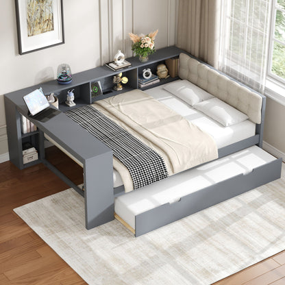 Upholstered Headboard Platform Bed With Storage Shelves, Trundle, Charging Station - The Sleep Loft - Online Mattress Showroom NYC