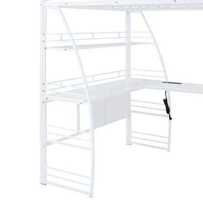 Loft Bed With 4 Layers Of Shelves And L-Shaped Desk, Stylish Metal Frame Bed With A Set Of Sockets, USB Ports And And Wireless Charging - The Sleep Loft - Online Mattress Showroom NYC