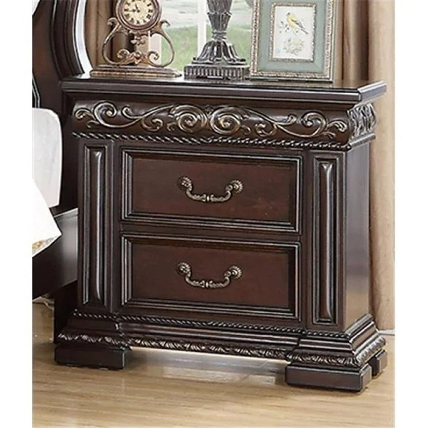 2 Drawer Nightstand, Carvings Bedside Table, Bedroom Furniture - Cherry