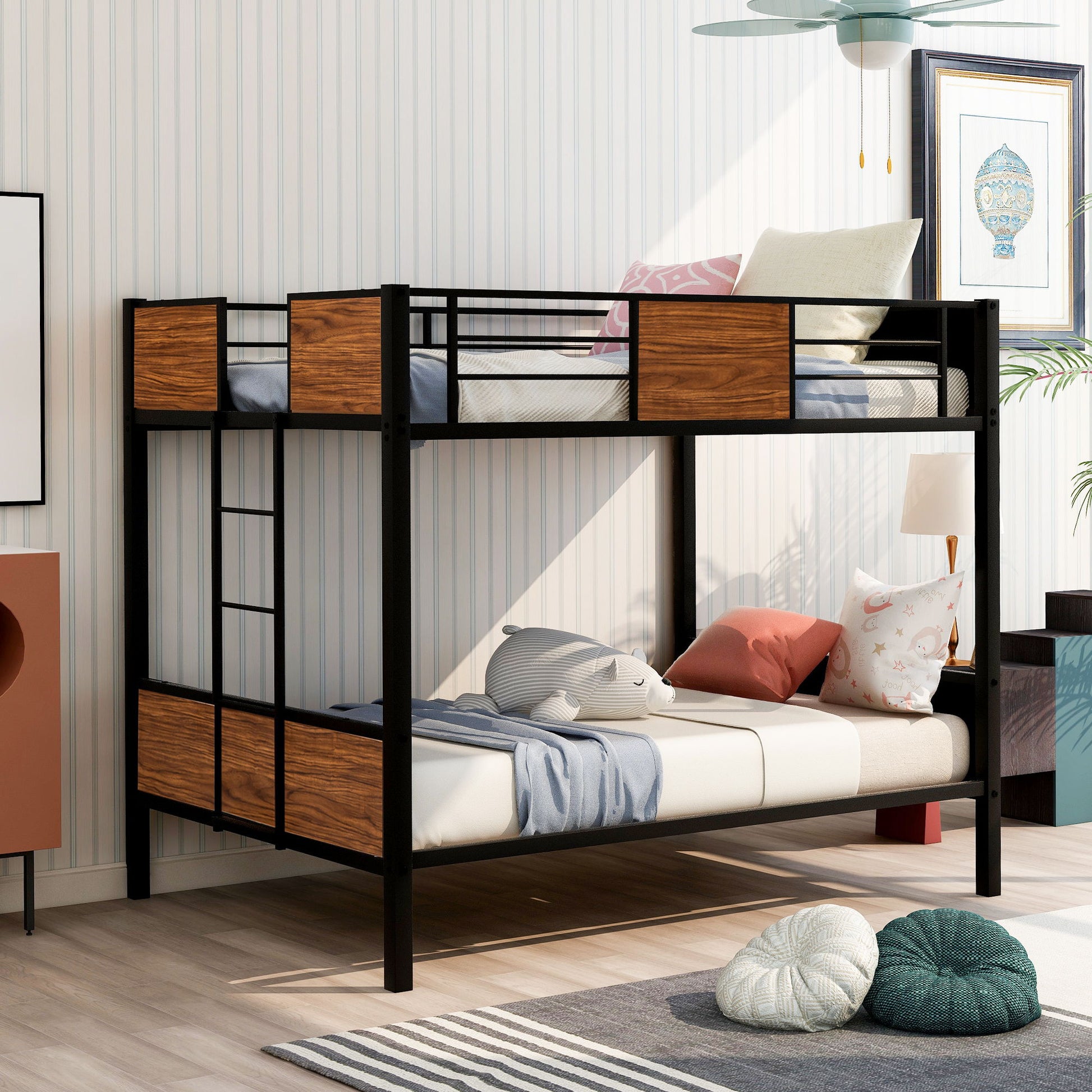 Full Over Full Bunk Bed Modern Style Steel Frame Bunk Bed With Safety Rail, Built-In Ladder For Bedroom - Brown - The Sleep Loft - Online Mattress Showroom NYC