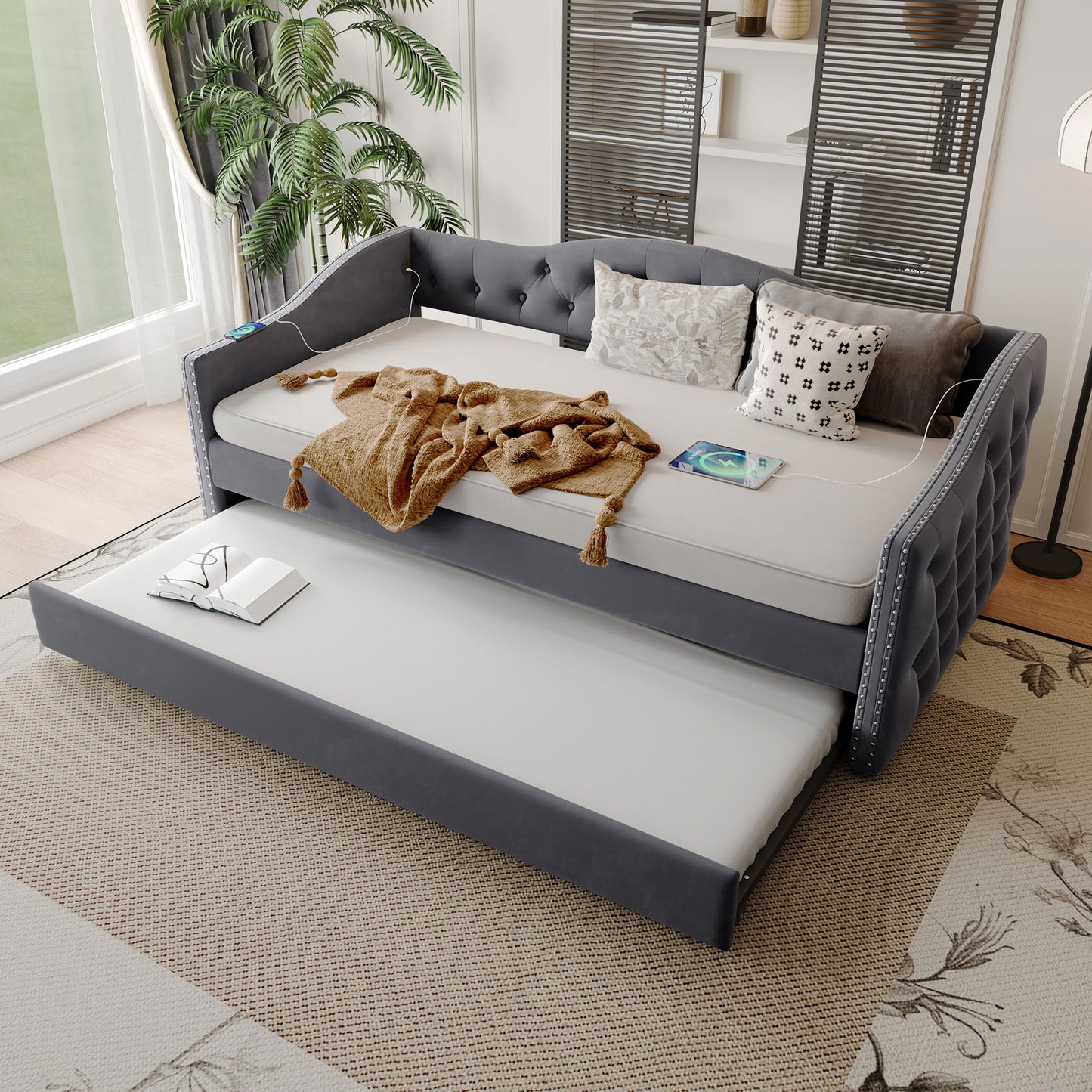Twin Size Upholstered Daybed With Trundle And USB Charging Design For Bedroom - Gray - The Sleep Loft - Online Mattress Showroom NYC