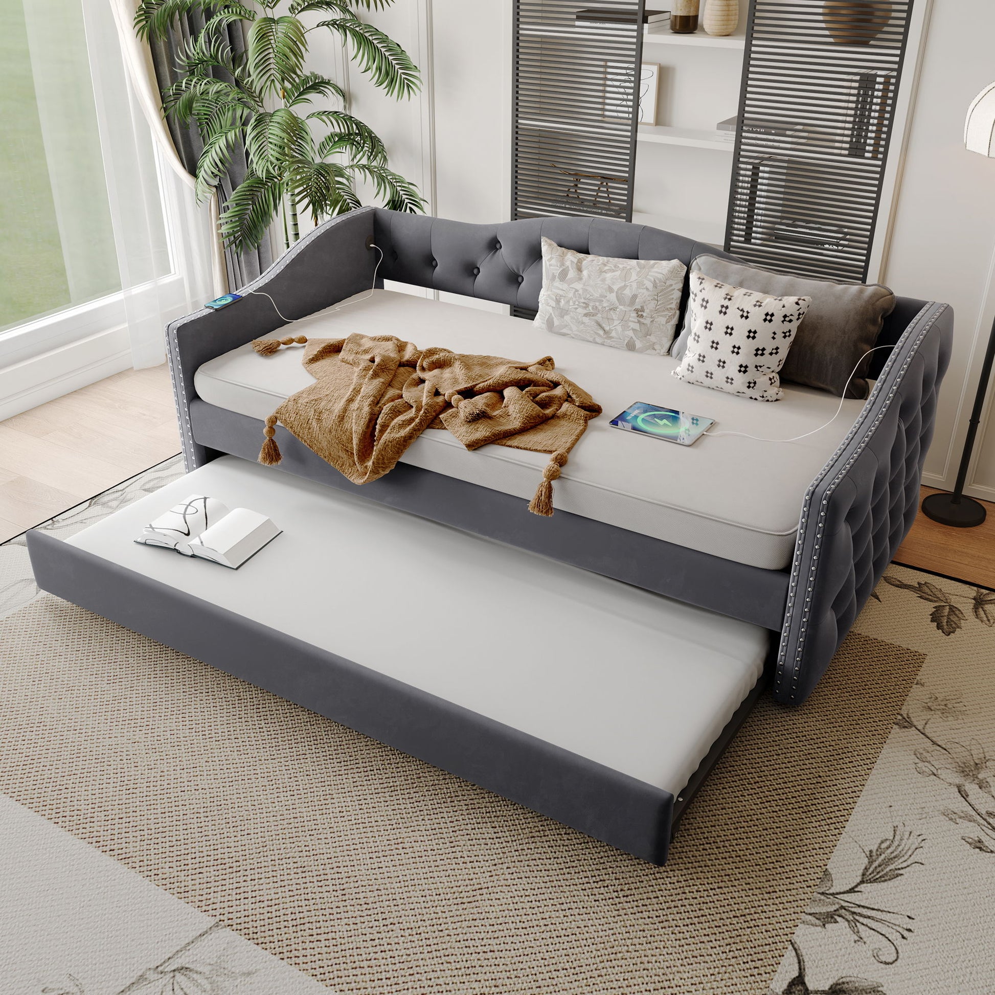 Twin Size Upholstered Daybed With Trundle And USB Charging Design For Bedroom - Gray - The Sleep Loft - Online Mattress Showroom NYC