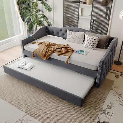 Twin Size Upholstered Daybed With Trundle And USB Charging Design For Bedroom - Gray - The Sleep Loft - Online Mattress Showroom NYC