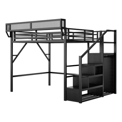 Queen Size Loft Bed With Stairs, Storage Shelves, Wardrobe - Black - The Sleep Loft - Online Mattress Showroom NYC