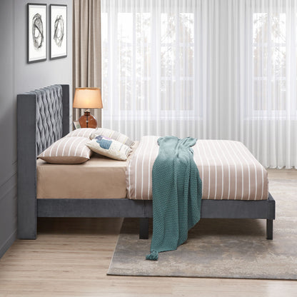 Velvet Button Tufted-Upholstered Bed With Wings Design Strong Wood Slat Support Queen Platform Bed - Gray - The Sleep Loft - Online Mattress Showroom NYC