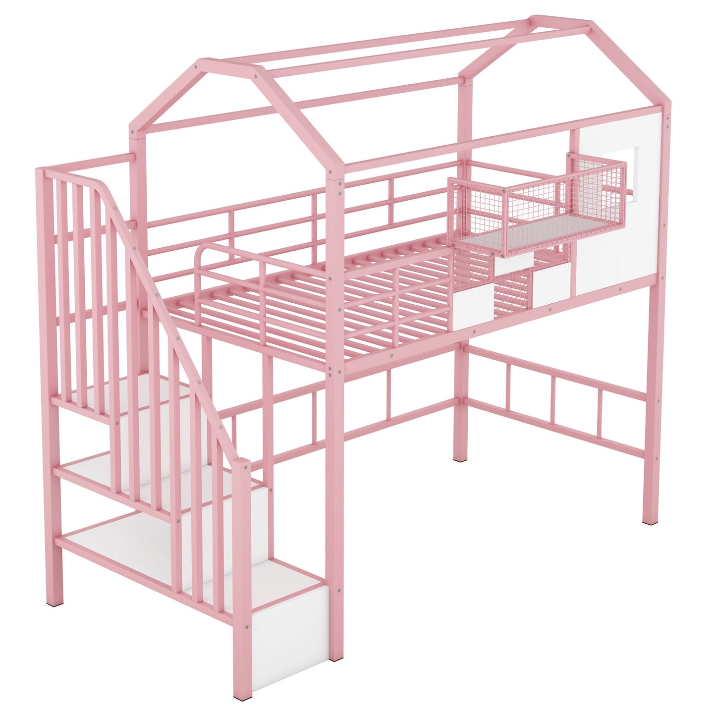 Metal Loft Bed With Roof Design And Storage Box With Guardrails And Integrated Ladder - The Sleep Loft - Online Mattress Showroom NYC