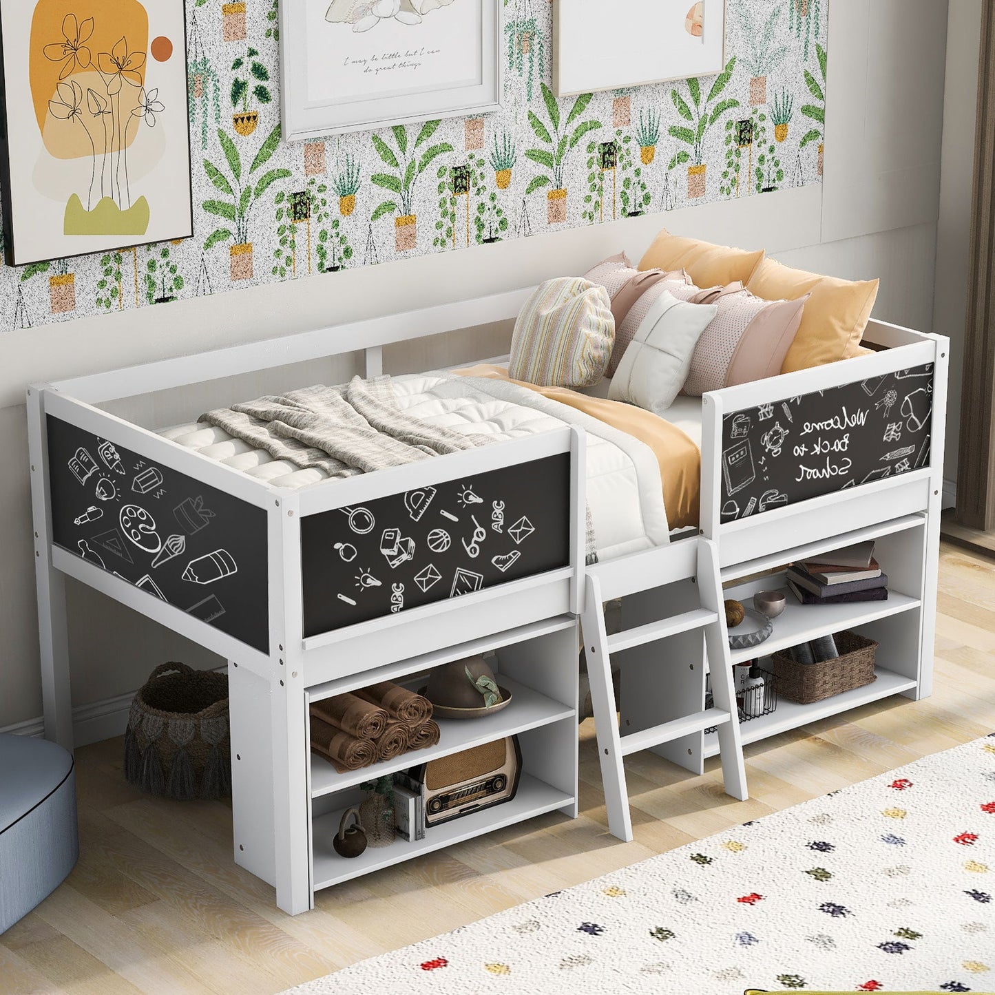Low Loft Bed With Movable Shelves And Ladder, Decorative Chalkboard Guardrail - The Sleep Loft - Online Mattress Showroom NYC