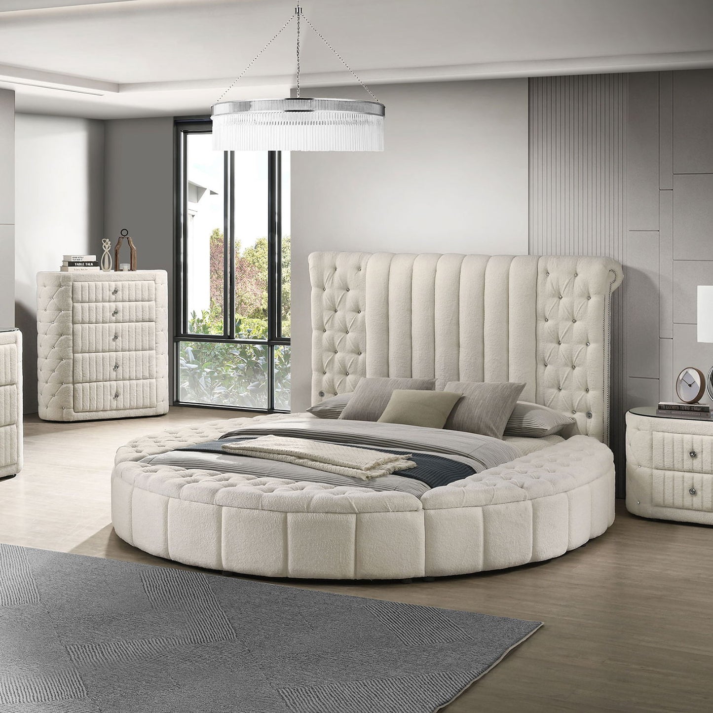Santiago - Oval 2 Drawer Upholstered Nightstand - Ivory - The Sleep Loft - Online Mattress Showroom NYC