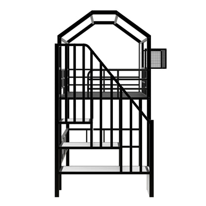 Metal Loft Bed With Roof Design And Storage Box With Guardrails And Integrated Ladder - The Sleep Loft - Online Mattress Showroom NYC