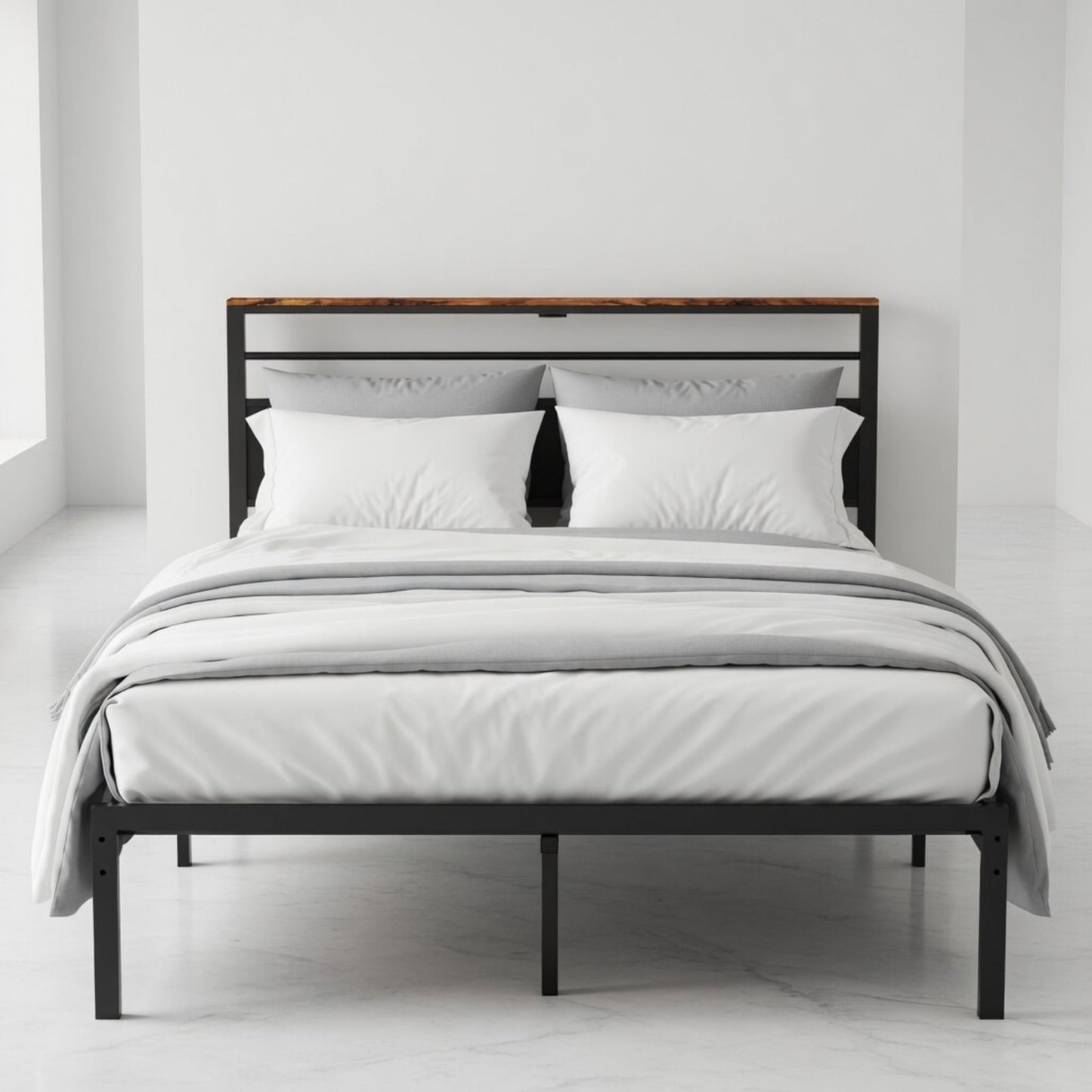 Platform Bed Frame With Charging Station & Headboard Shelves