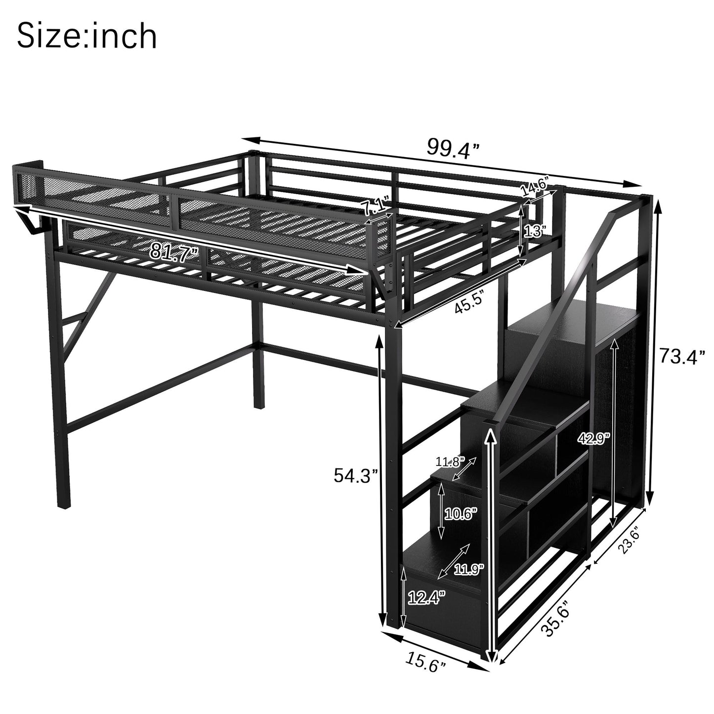 Queen Size Loft Bed With Stairs, Storage Shelves, Wardrobe - Black - The Sleep Loft - Online Mattress Showroom NYC