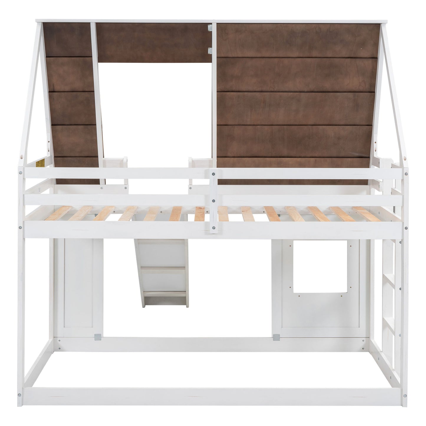 Wood Twin Size House Bunk Bed With Roof, Ladder And Slide - White / Brown - The Sleep Loft - Online Mattress Showroom NYC