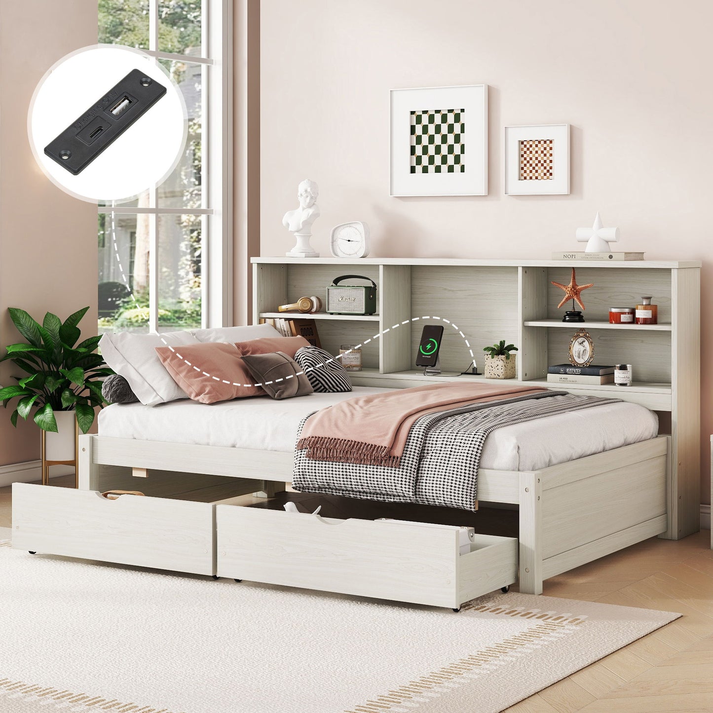 Bed Frame With Side Bookshelves, 2 Drawers, And Built In USB Port