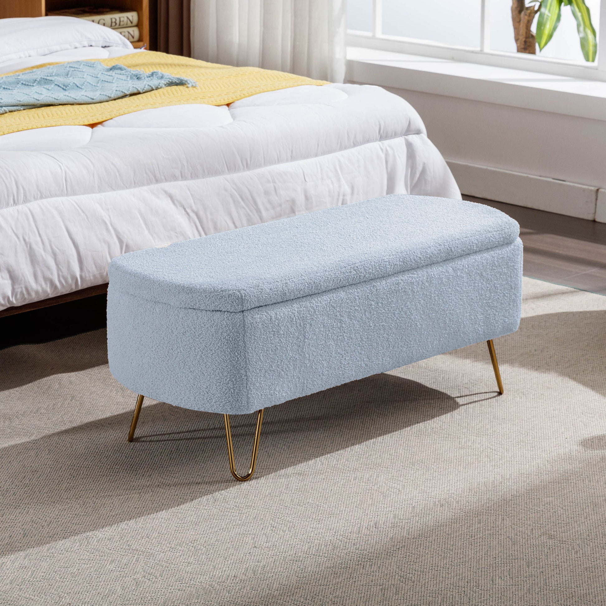 Storage Ottoman Bench For End Of Bed Legs, Modern Camel Faux Fur Entryway Bench Upholstered Padded With Storage For Living Room Bedroom - The Sleep Loft - Online Mattress Showroom NYC