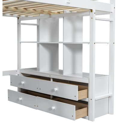 Full Size Loft Bed With Built In Desk, 2 Drawers, Storage Shelves - White - The Sleep Loft - Online Mattress Showroom NYC