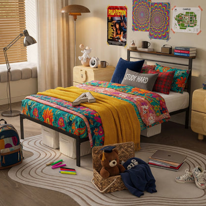 Platform Bed Frame With Charging Station & Headboard Shelves