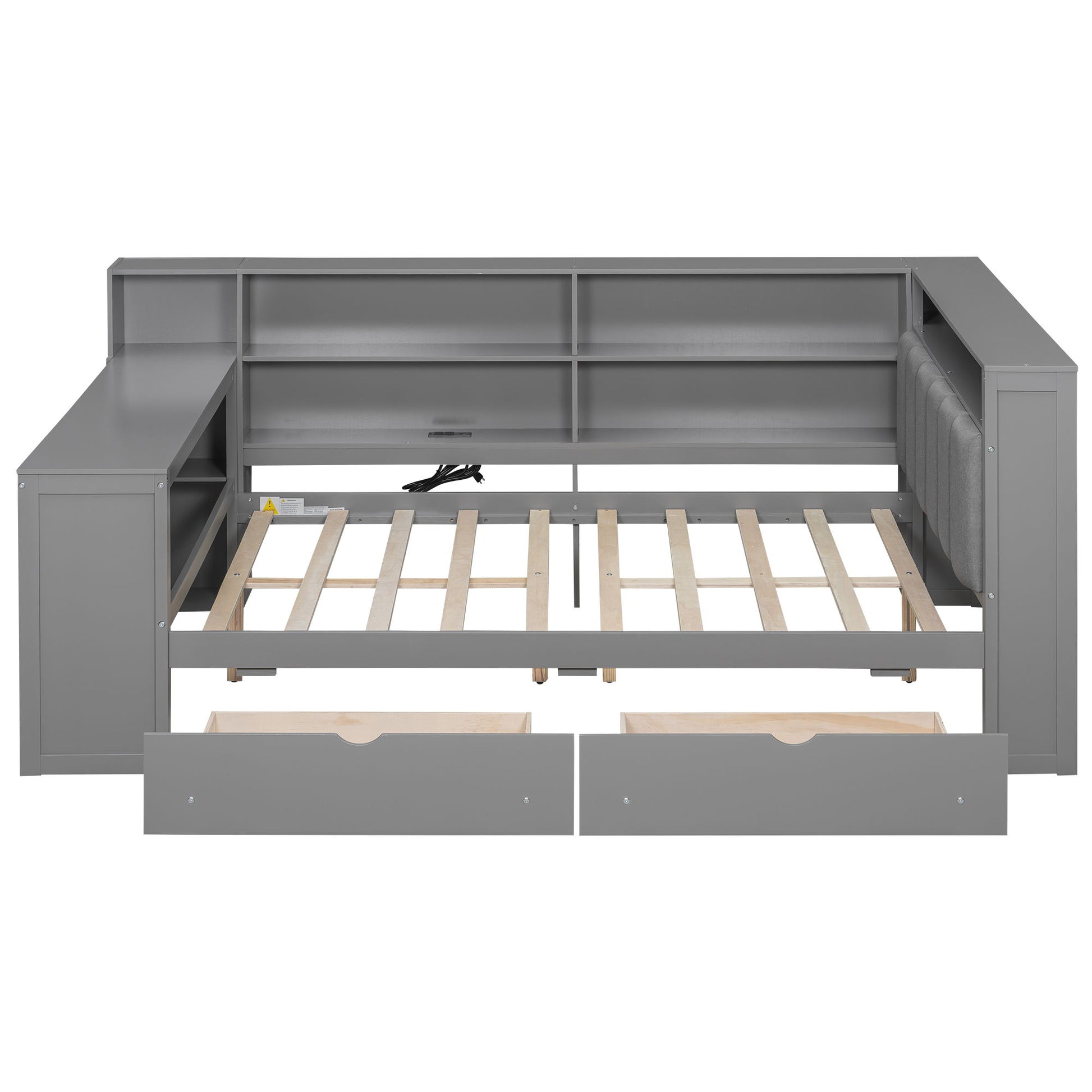 Platform Bed With Upholstered Headboard, Storage Shelves, Drawers, Charging Station, LED Lighting, Built In Desk - The Sleep Loft - Online Mattress Showroom NYC