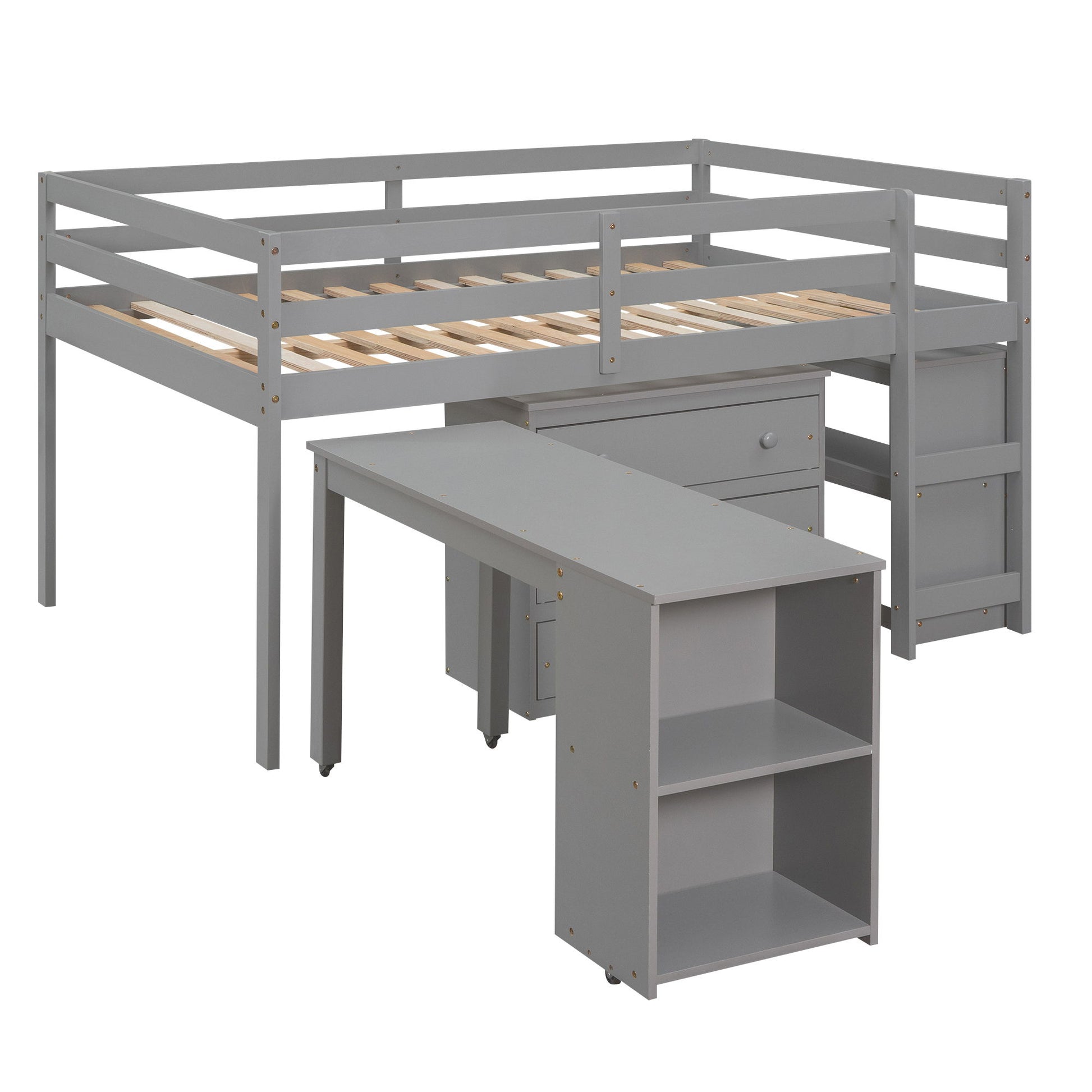 Loft Low Study Bed With Cabinet, Shelves And Rolling Portable Desk, Multiple Functions - The Sleep Loft - Online Mattress Showroom NYC