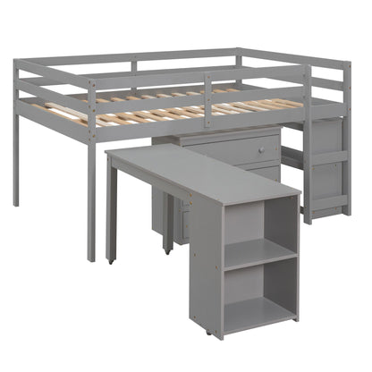 Loft Low Study Bed With Cabinet, Shelves And Rolling Portable Desk, Multiple Functions - The Sleep Loft - Online Mattress Showroom NYC