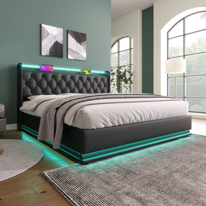 Upholstered Bed, 360 Surround LED Function, Remote Control, Hydraulic Storage Bed With USB, Type-C Charging (Without Mattress) - The Sleep Loft - Online Mattress Showroom NYC