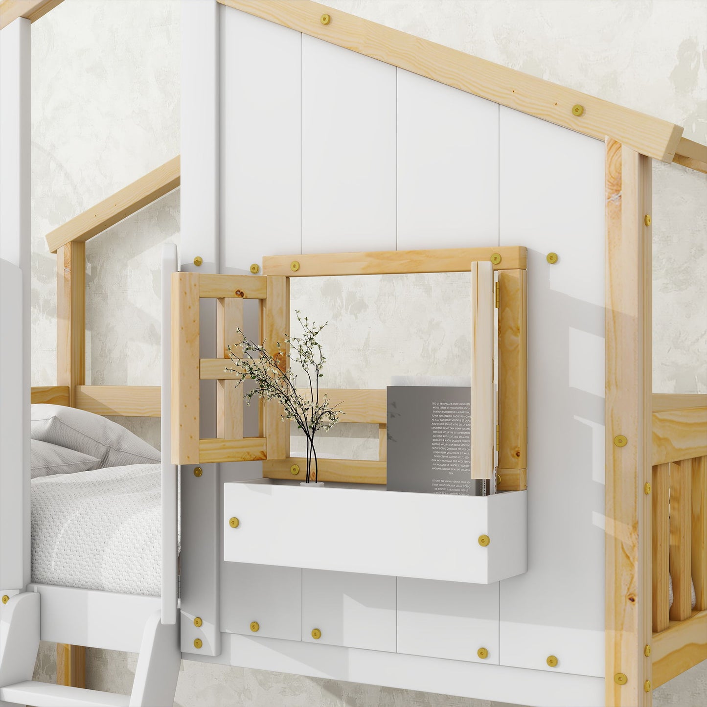 House Bunk Bed With Roof, Window, Window Box, Door, With Safety Guardrails And Ladder - The Sleep Loft - Online Mattress Showroom NYC
