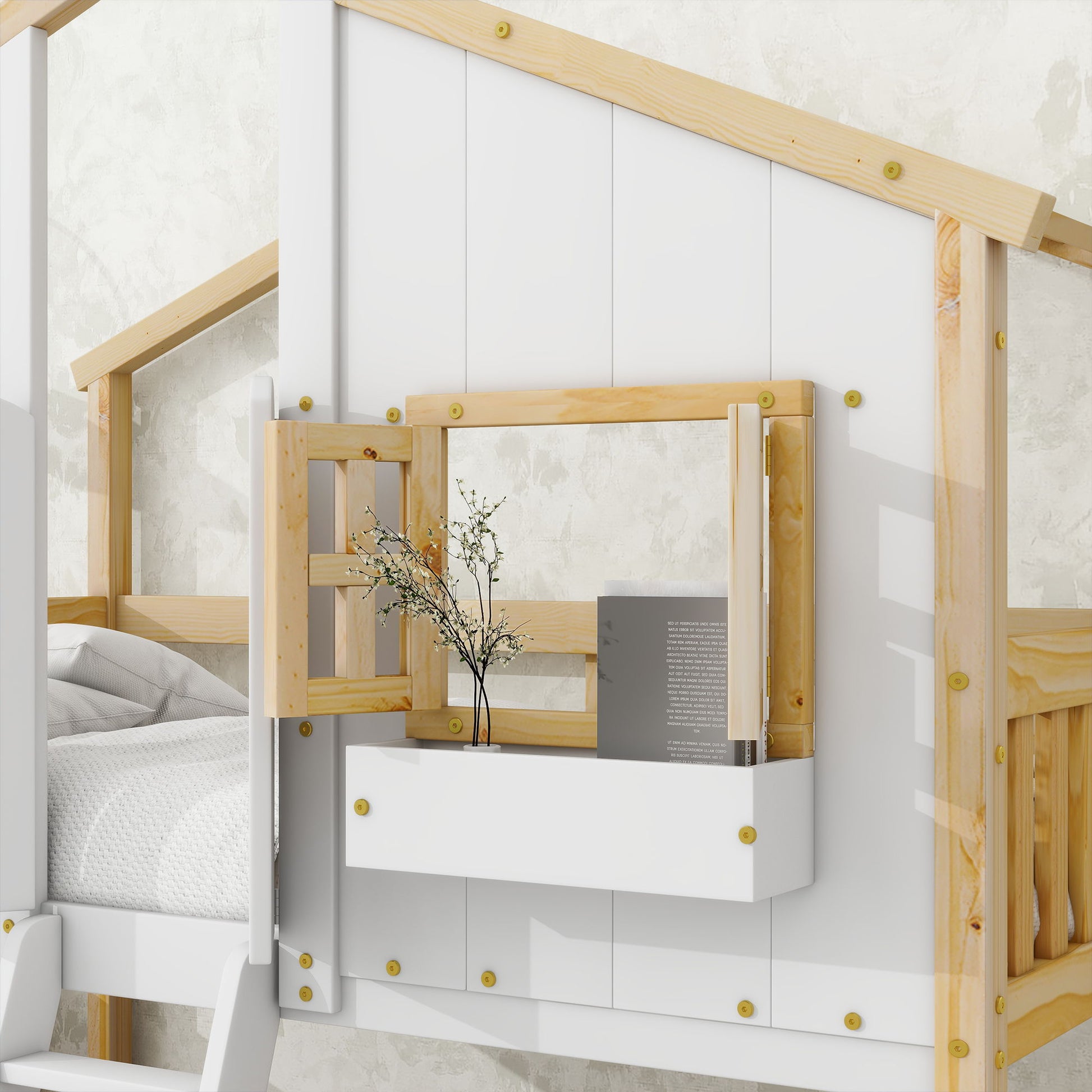 House Bunk Bed With Roof, Window, Window Box, Door, With Safety Guardrails And Ladder - The Sleep Loft - Online Mattress Showroom NYC