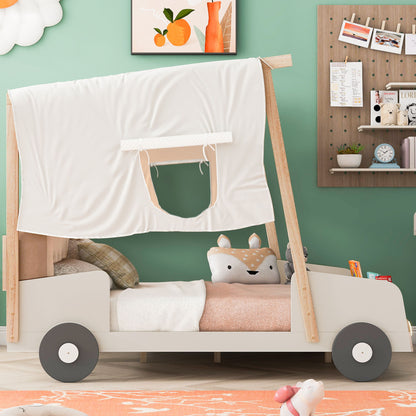 Twin Size Car Bed & Pillow, Ceiling Cloth And LED - Natural - The Sleep Loft - Online Mattress Showroom NYC
