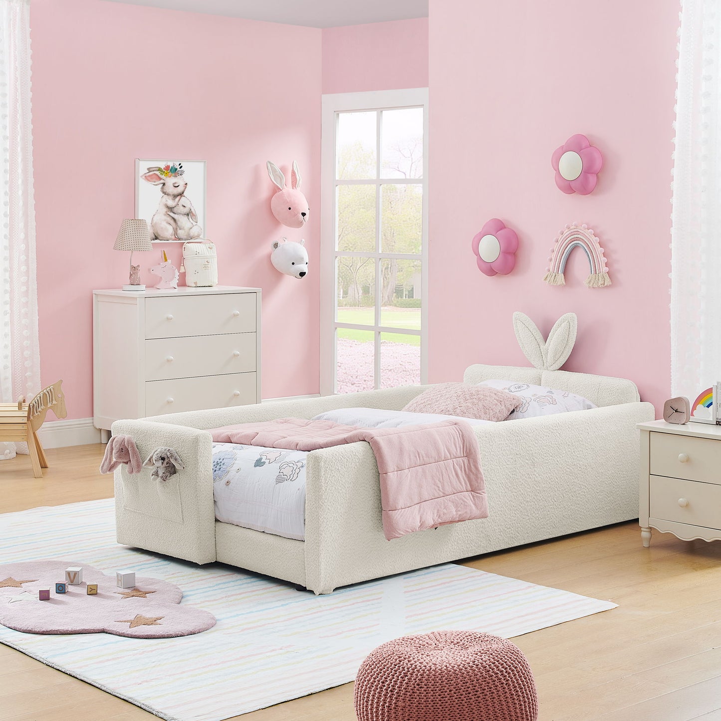 Cute Rabbit Ear Upholstered Platform Bed Frame With Safety Rail - The Sleep Loft - Online Mattress Showroom NYC