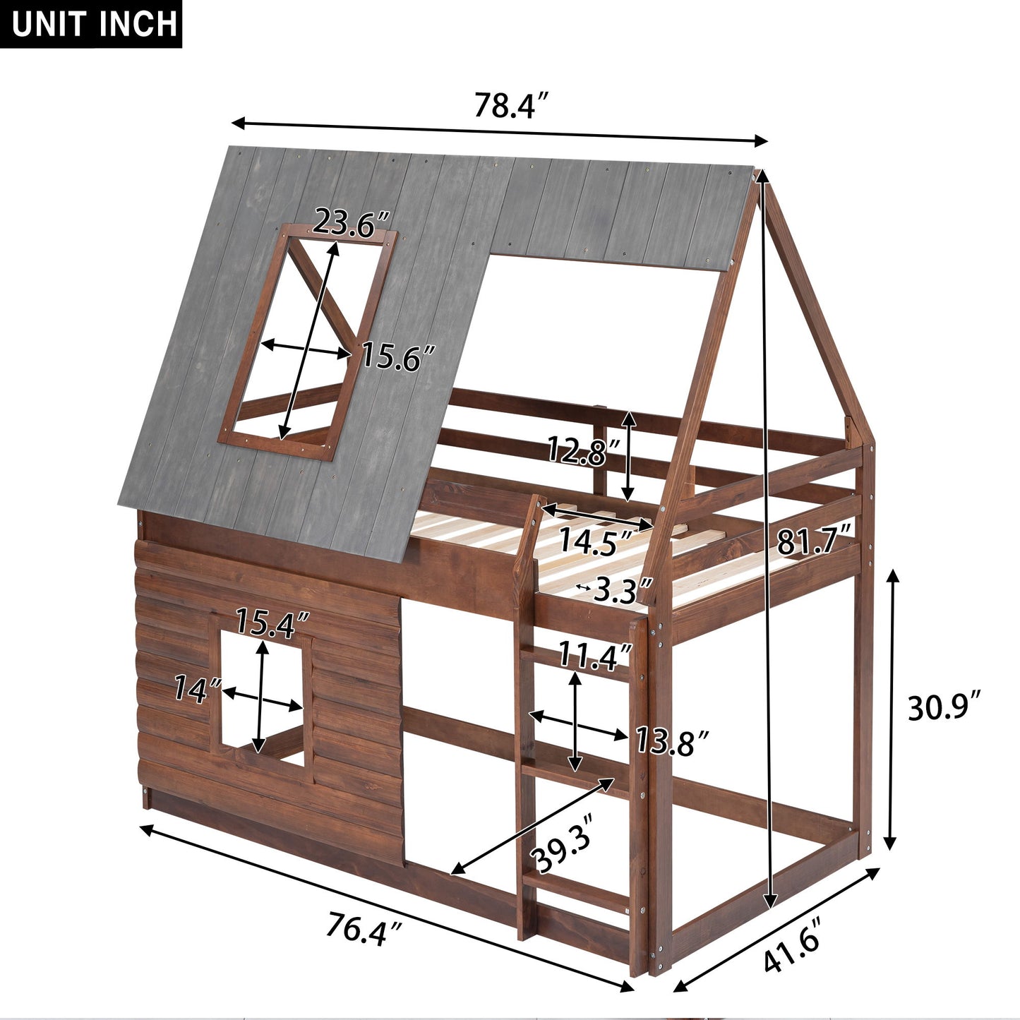 Wood Twin Size House Bunk Bed With Roof, Ladder And 2 Windows - Oak & Smoky Gray - The Sleep Loft - Online Mattress Showroom NYC
