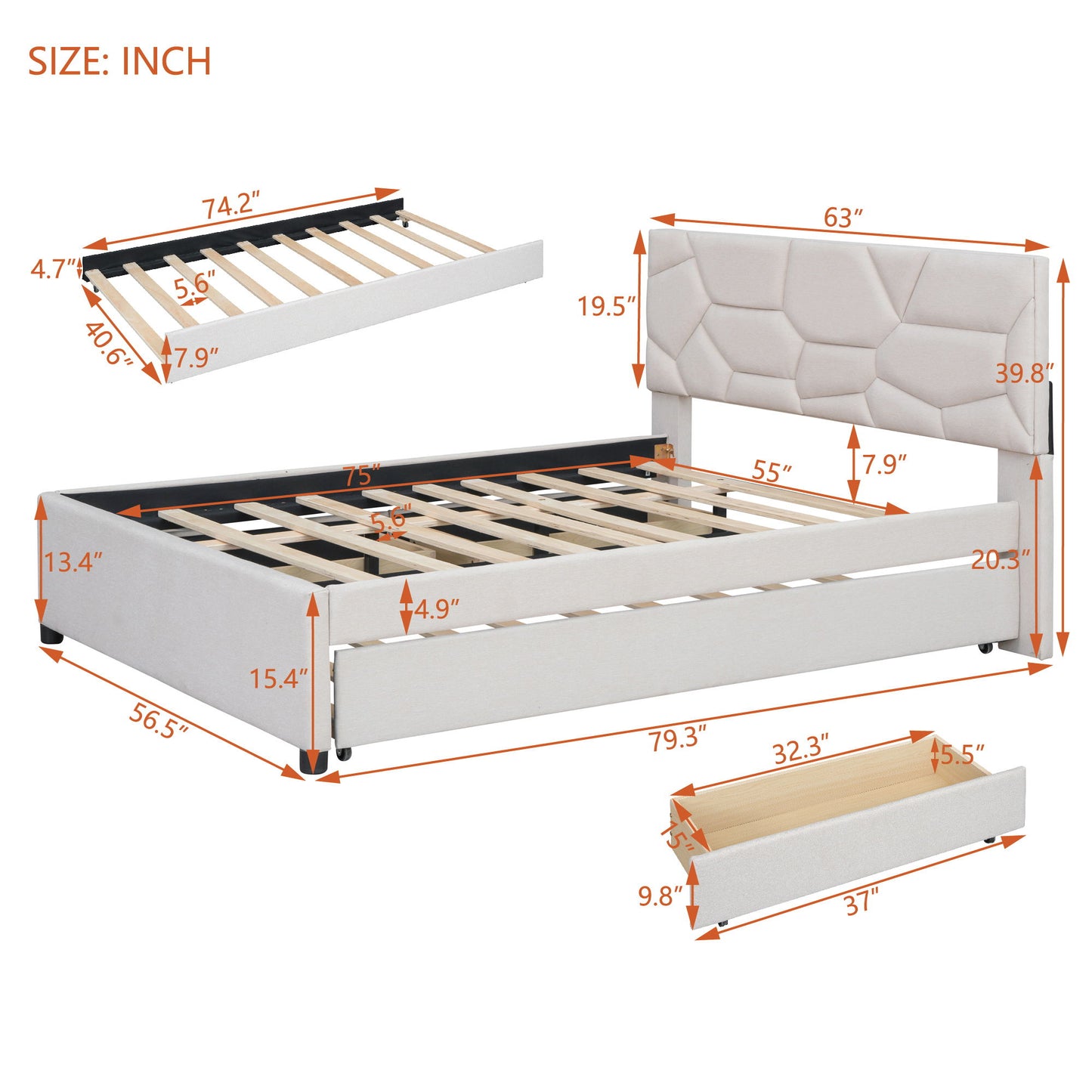 Upholstered Platform Bed With Brick Pattern Headboard And Twin Long Size Trundle - The Sleep Loft - Online Mattress Showroom NYC