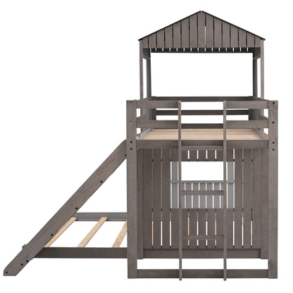 Loft Bunk Bed With Playhouse, Farmhouse, Ladder, Slide And Guardrails - The Sleep Loft - Online Mattress Showroom NYC