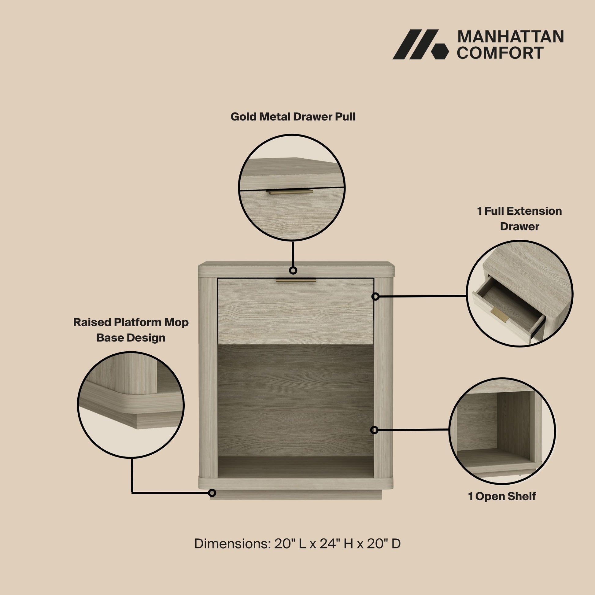 Evelyn - Nightstand With 1 Drawer And Open Shelf - The Sleep Loft - Online Mattress Showroom NYC