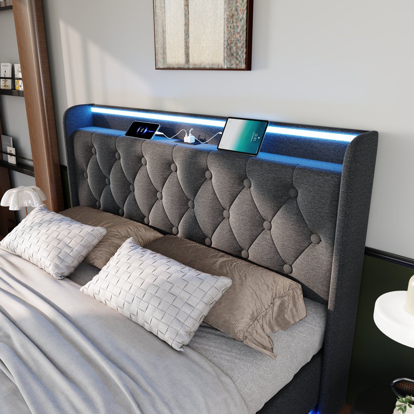 Upholstered Bed, 360 Surround LED Function, Remote Control, Hydraulic Storage Bed With USB, Type-C Charging (Without Mattress) - The Sleep Loft - Online Mattress Showroom NYC