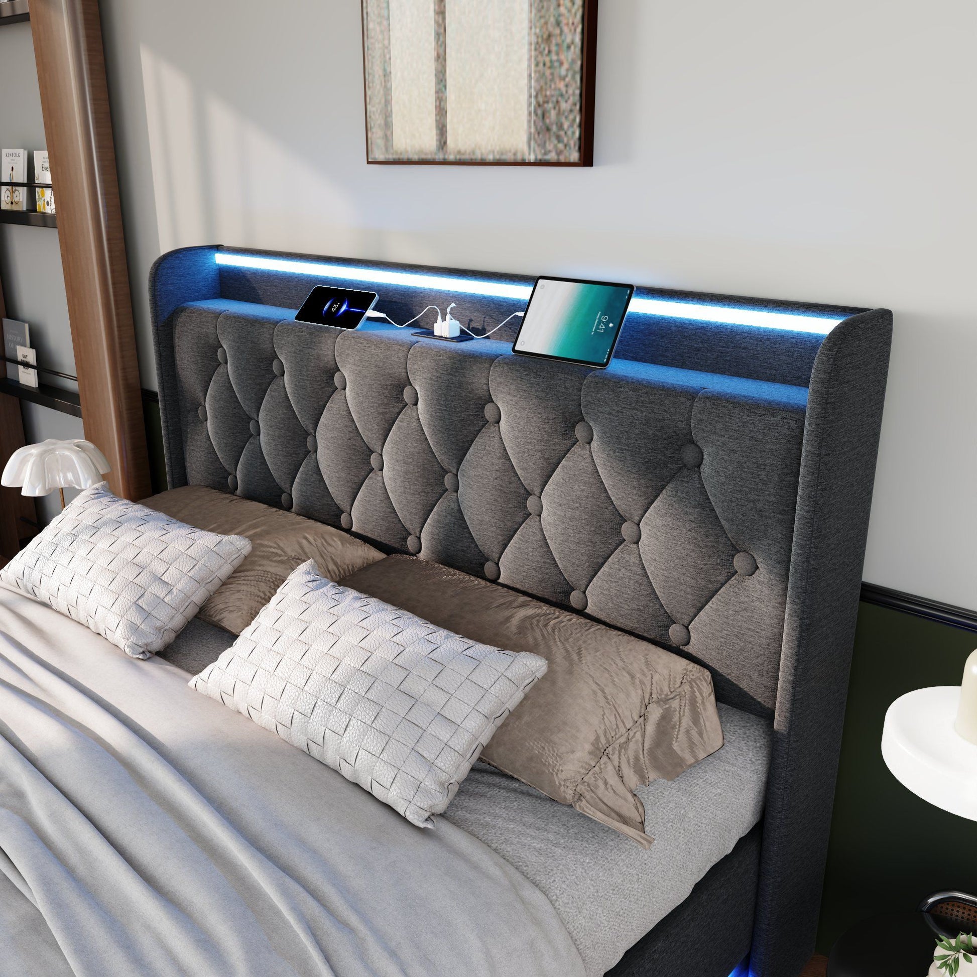Upholstered Bed, 360 Surround LED Function, Remote Control, Hydraulic Storage Bed With USB, Type-C Charging (Without Mattress) - The Sleep Loft - Online Mattress Showroom NYC