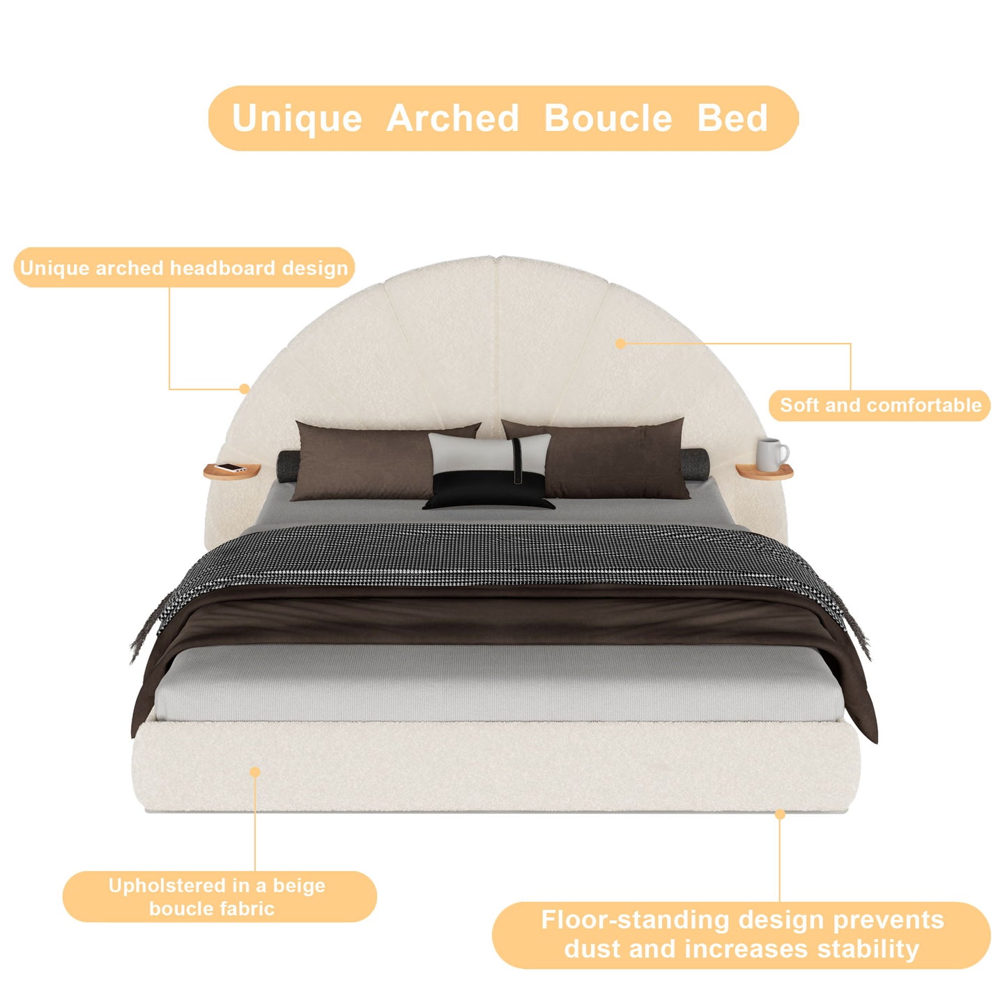 Queen Arched Bed With Small Table, Floor Standing Design - Beige - The Sleep Loft - Online Mattress Showroom NYC