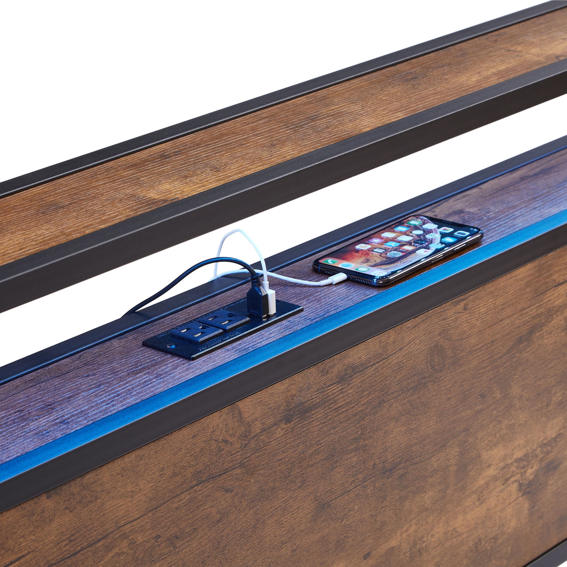 Metal Platform Bed Frame With Wooden Headboard And Footboard With USB Liner, LED Lights, No Box Spring Needed, Large Under Bed Storage - The Sleep Loft - Online Mattress Showroom NYC