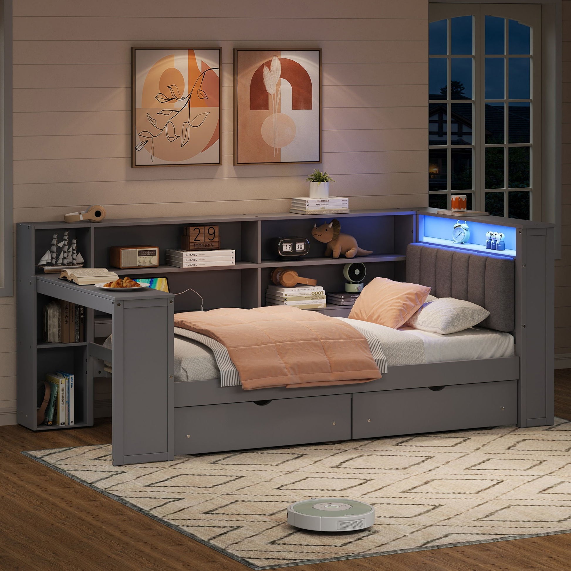 Platform Bed With Upholstered Headboard, Storage Shelves, Drawers, Charging Station, LED Lighting, Built In Desk - The Sleep Loft - Online Mattress Showroom NYC