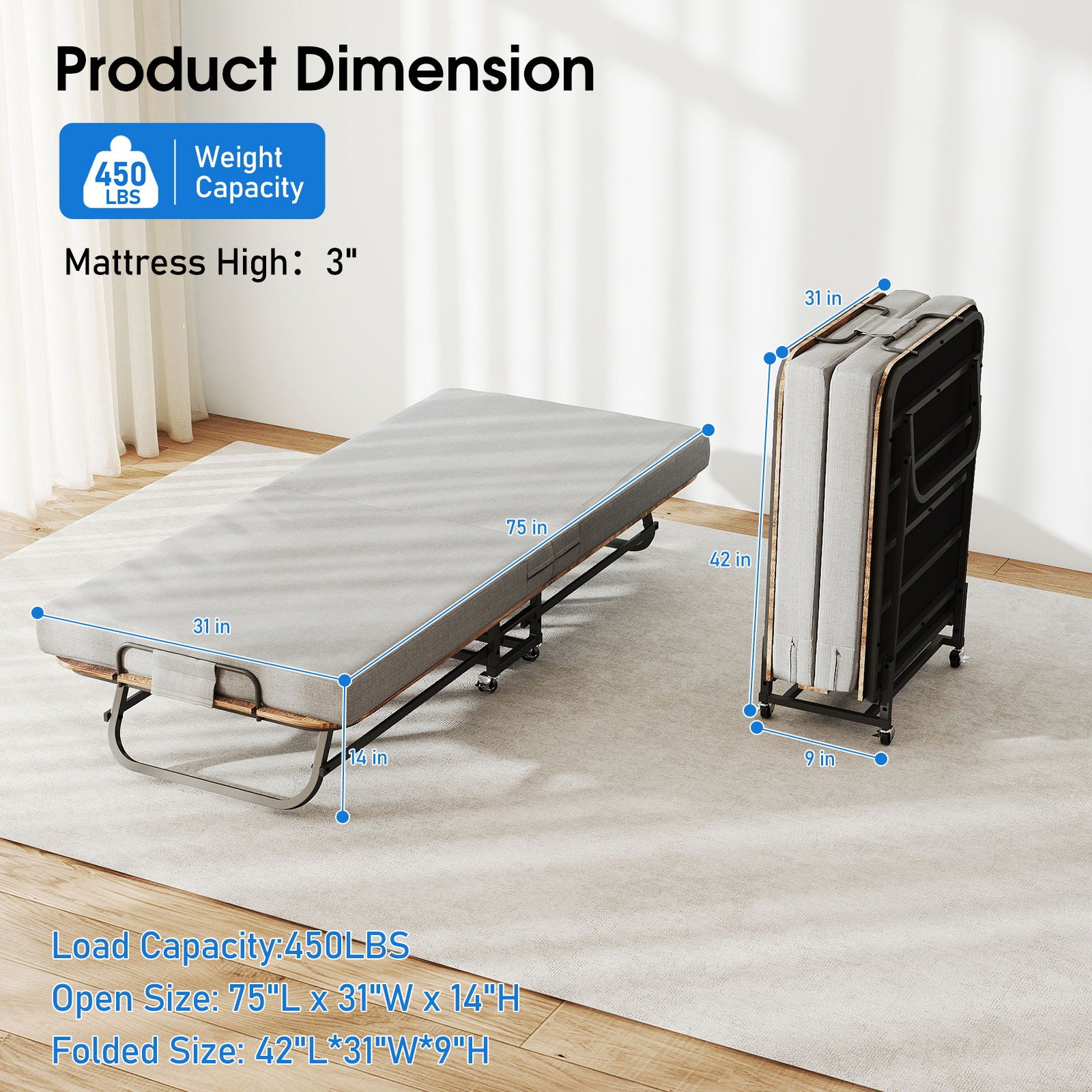 Portable Folding Bed With Memory Foam Mattress, Lockable - Gray - The Sleep Loft - Online Mattress Showroom NYC
