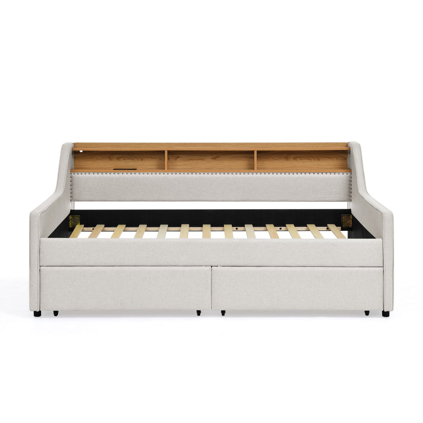 Twin Upholstered Sofa Bed With LED Lights, Storage Drawers, Adjustable Headboard & Wireless Charging - Beige - The Sleep Loft - Online Mattress Showroom NYC