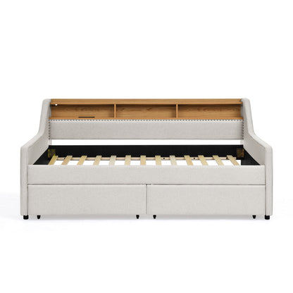 Twin Upholstered Sofa Bed With LED Lights, Storage Drawers, Adjustable Headboard & Wireless Charging - Beige - The Sleep Loft - Online Mattress Showroom NYC