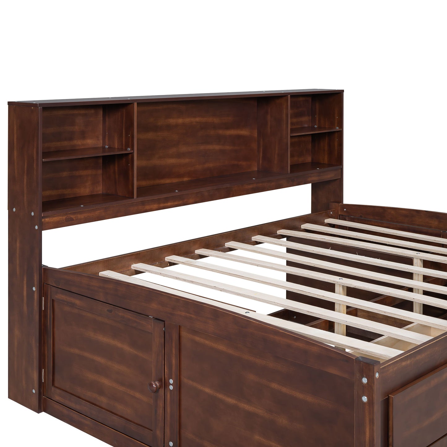 Full Size Captain Bed With Built In Storage Shelves, 4 Drawers And 2 Cabinets - Antique Brown - The Sleep Loft - Online Mattress Showroom NYC