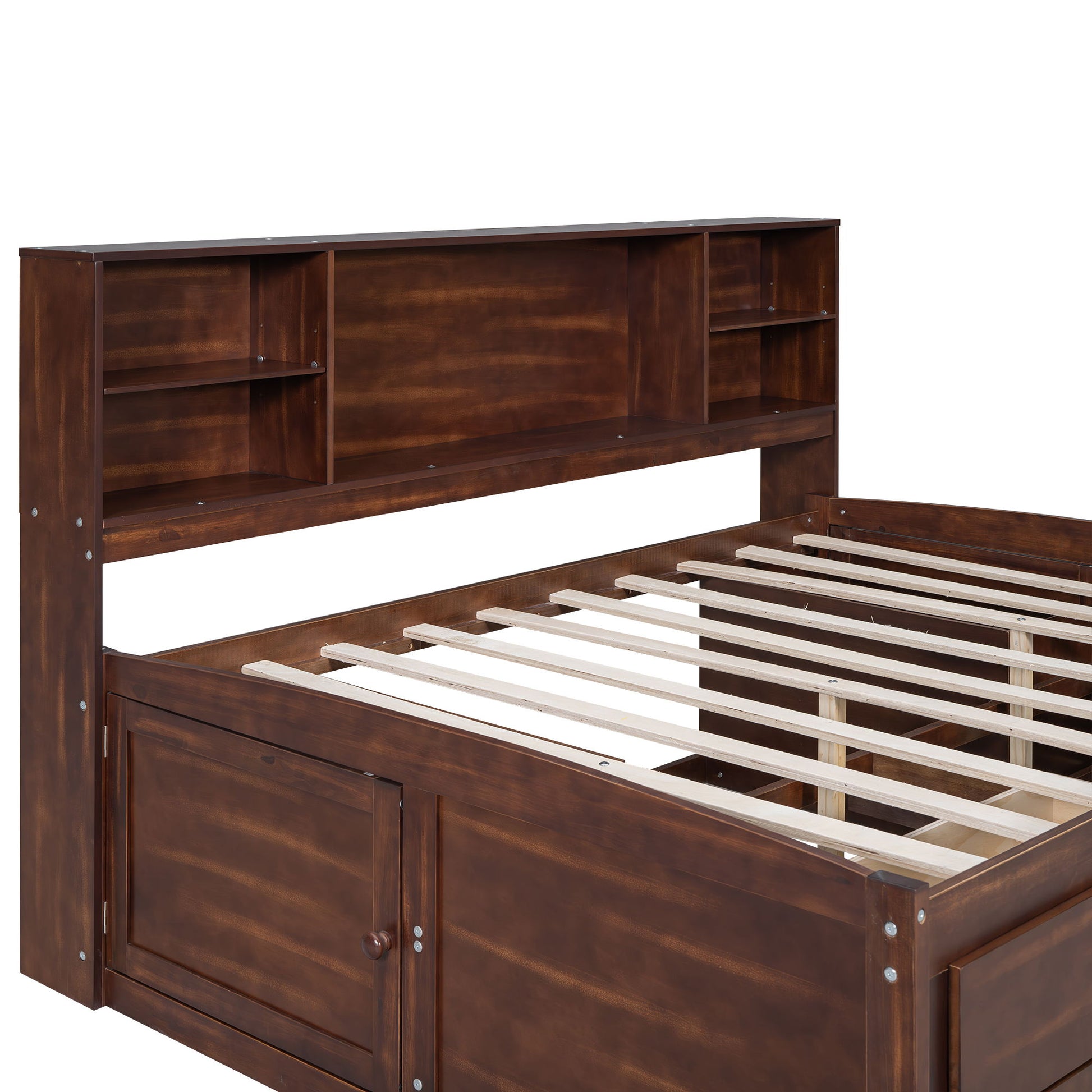 Full Size Captain Bed With Built In Storage Shelves, 4 Drawers And 2 Cabinets - Antique Brown - The Sleep Loft - Online Mattress Showroom NYC