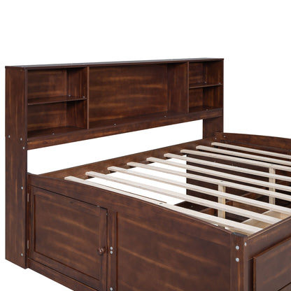 Full Size Captain Bed With Built In Storage Shelves, 4 Drawers And 2 Cabinets - Antique Brown - The Sleep Loft - Online Mattress Showroom NYC