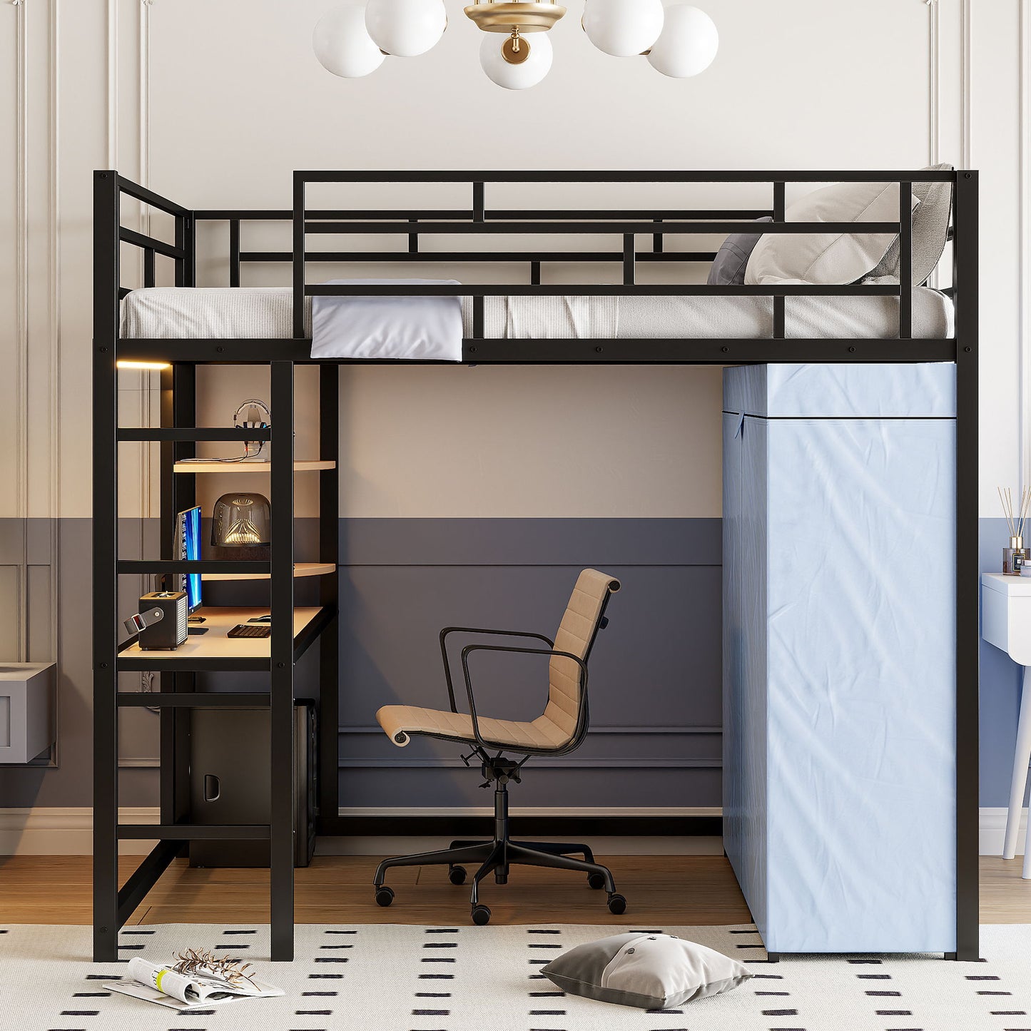 Loft Bed With Desk, Shelves, Power Outlet, LED Light And Wardrobe - The Sleep Loft - Online Mattress Showroom NYC